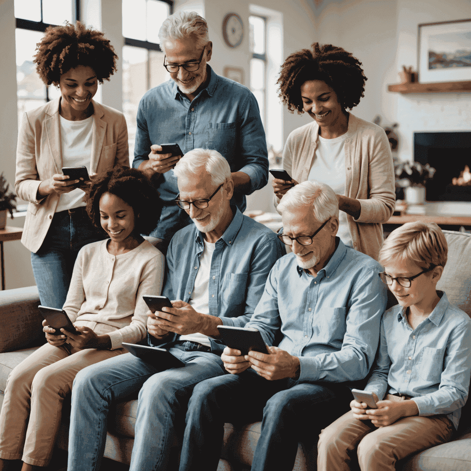 A diverse group of people of various ages using different simple technologies like smartphones, tablets, and smart home devices. The image conveys a sense of ease and enjoyment in using technology.