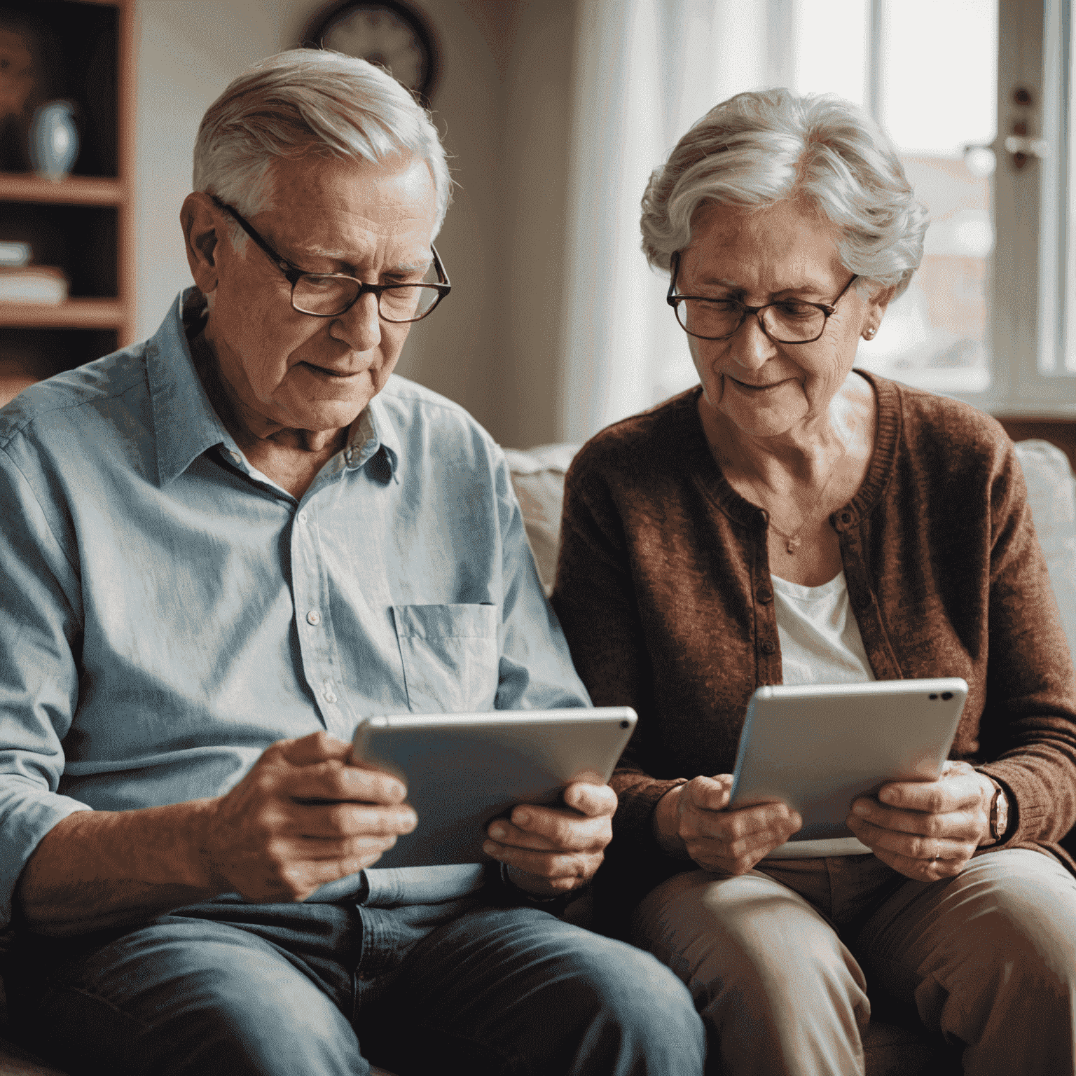 Senior couple using a tablet computer together, looking engaged and comfortable with technology