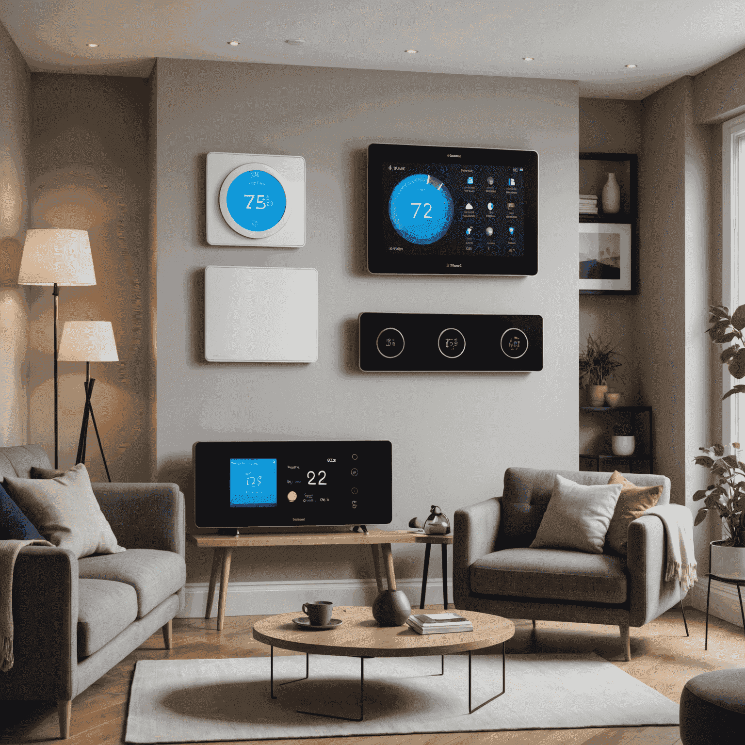 A collage of smart home devices including a smart thermostat, smart lighting, and energy monitoring system in a modern UK living room