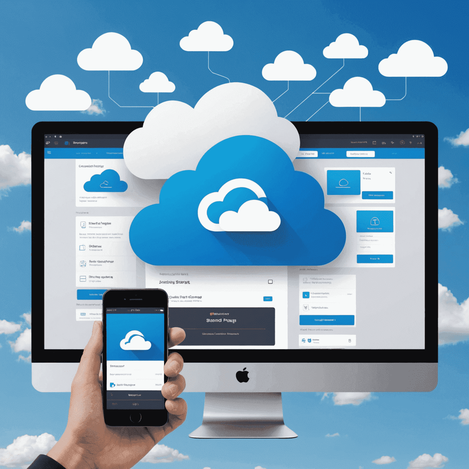 A step-by-step visual guide showing the process of setting up a cloud storage account, with screenshots of sign-up pages and file upload interfaces